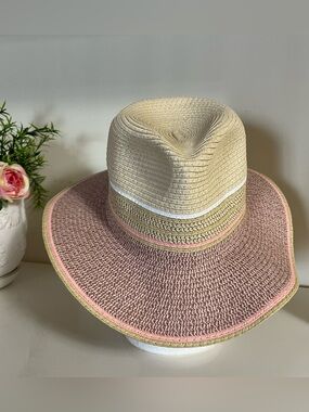Renato Balestra Wide Brim Summer Straw Hat with Pink and Natural Stripes